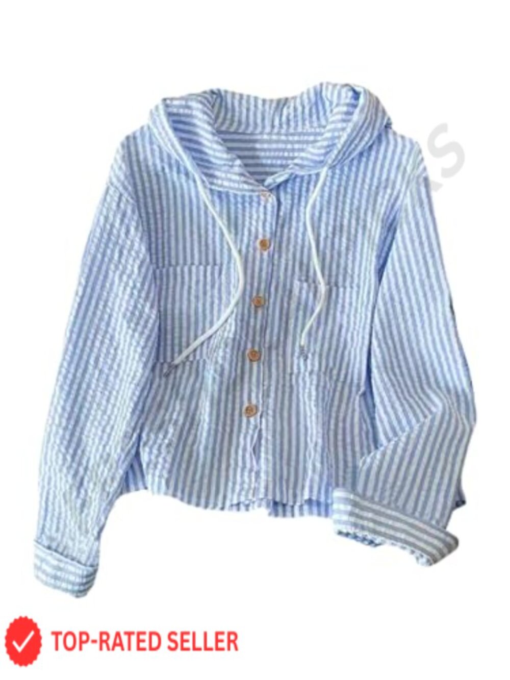 Striped Hooded Button Down Long Sleeve Blouse with Pocket